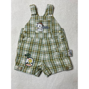 Vintage Baby Snoopy Boys Plaid Overalls 6-9 Months Green White